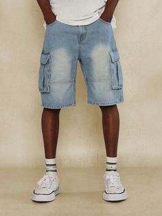 Washed Denim Cargo Short Blue    Denim Plain Wide Leg Non-Stretch  Men Clothing, size features are:Bust: ,Length: ,Sleeve Length: Short Cargo, Casual Denim Shorts, Short Jean, Denim Cargo, Cargo Short, Faded Jeans, Shorts Cargo, Knitting Girls, Washed Denim