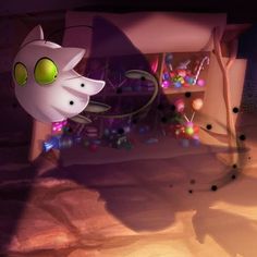 an animated cat is standing in the middle of a room filled with toys and other items