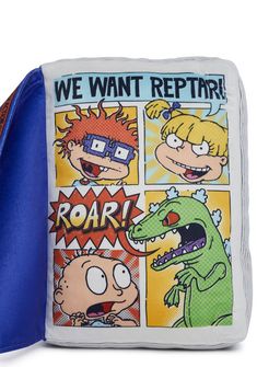 a blue and white bag with cartoon characters on it's front flaps open to reveal the words, we want reptard roar