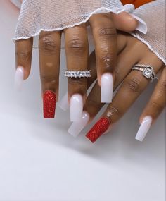 White Nd Red Nails, Milky White And Red Nails Acrylic, Red Baddie Nails Short, Red Nails With White Glitter, Red White And Silver Christmas Nails, Short White And Red Nails, Winter Tapered Square Nails, Red White And Pink Nails, Red And White Birthday Nails