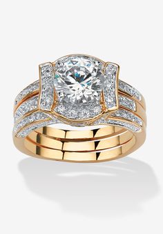 two tone gold wedding ring set with round cut diamond center and pave - set shoulders