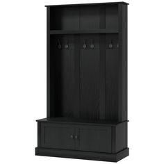 a black wooden shelf with two doors