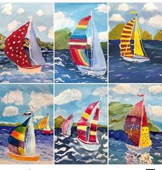 four paintings of sailboats in different colors