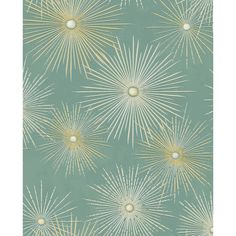 a green and gold wallpaper with large, starburst like designs on it