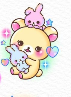 two cute little bears hugging each other with hearts around them and stars in the background