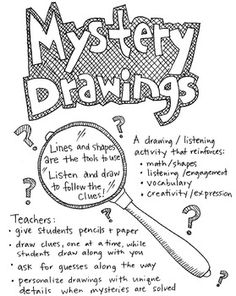 a black and white drawing of a magnifying glass with the words mystery drawings below it