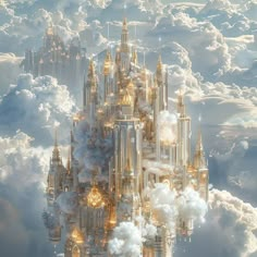 a castle in the sky surrounded by clouds