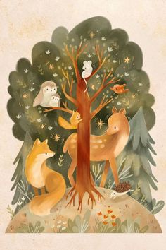 an illustration of two foxes in the woods