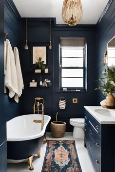 a bath room with a toilet a tub and a rug