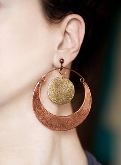 Inspirational gift for her Sun and moon Clip on earrings Copper and gold dangle earring Large drop earring Big statement jewelry Inspiring by GitasJewelryShop https://www.etsy.com/listing/604044041/inspirational-gift-for-her-sun-and-moon?ref=rss Clip On Earrings Moon, Moon And Sun Earrings Clay, Large Drop Earrings, Wanderlust Jewelry, Crescent Earrings, Indie Jewelry, Chunky Jewelry, Gold Moon, Big Earrings