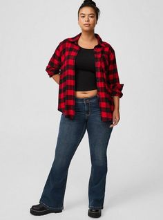 FIT Model is 5’8” wearing size 1. . Measures 31” from shoulder (size 2). MATERIALS + CARE Softest Flannel woven fabric. . 85% rayon, 15% acrylic. Machine wash cold. Tumble dry low. Imported. DETAILS Collared neckline. Long sleeves. The best plus size women's lizzie softest flannel shirt long sleeve tops in traditional buffalo jester red plaid made of acrylic. Torrid is your destination for cozy fall and winter clothes to keep you warm and comfortable. Christmas Flannel, Vintage Flannel, Unique Fits, Flannel Tops, Cover Ideas, Older Fashion, Grey Plaid, Feel Pretty, Tops Fall