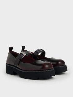 Burgundy Buckled Ridged-Sole Chunky Mary Janes Chunky Mary Janes, Charles And Keith Shoes, Croc Heels, Charles And Keith, Toe Loop Sandals, Online Shopping Shoes, Slip On Trainers, Women Shoes Online, Thick Socks