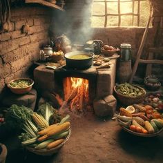 an old fashioned oven with many different foods cooking in it's burners and pots