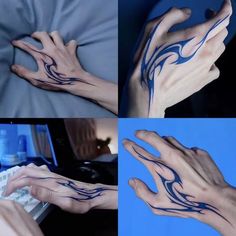 four pictures of hands with blue ink on their palms and fingers, while the other hand is holding a computer keyboard