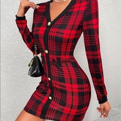 fashion design- fashion week aesthetic- fashion outfits- winter fashion outfits for work Red And Black Sweater, Plaid Dresses, Tartan Fashion, Outfits For Work, Cute Short Dresses, Cloth Design, Black Sweater Dress, African Print Fashion Dresses