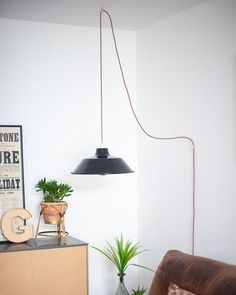 a living room with some plants and a lamp hanging over the couch in front of it