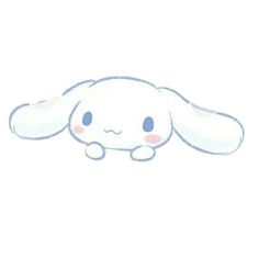 a drawing of a white bunny with blue eyes and pink ears, sitting in front of a white background