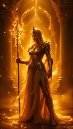 a woman dressed in gold and holding a staff with flames coming out of her body