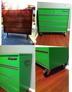 four different pictures of green drawers on wheels