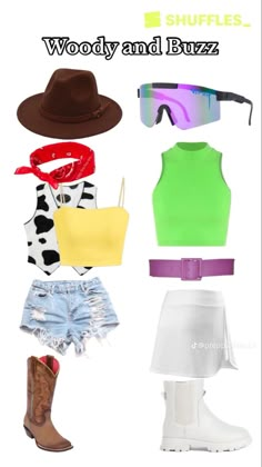 various clothes and accessories are arranged in the shape of a cowgirl's head