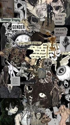 a collage of different images with words and pictures on them, all in black and white