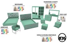 an assortment of furniture with different colors and sizes