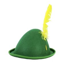 a green hat with a yellow feather on top