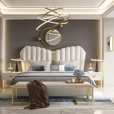 a modern bedroom with a large bed and chandelier