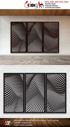 three panels with black and white designs on them in the middle of an empty room