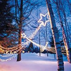 an outdoor christmas decoration in the snow with lights on it and trees covered in snow