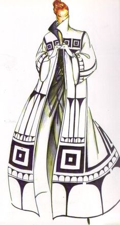 a drawing of a woman in a long dress with an elaborate design on the skirt