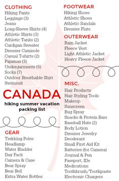 the canada packing list is shown in red