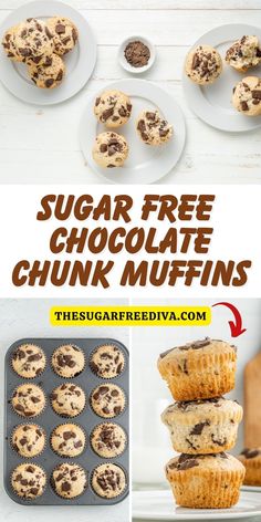 chocolate chip muffins with text overlay that reads sugar free chocolate chip muffins