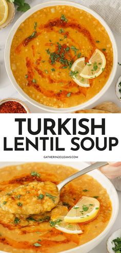 two bowls of turkish lentil soup with lemons and parsley