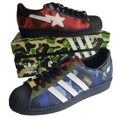 Elevate your sneaker game with these Bape x Adidas Superstar 80s in a colorful camouflage pattern. The shoes boast a standard shoe width and lace-up closure, with a rubber cleat type and outsole material for optimal performance during walking or cheerleading. Crafted from leather with a fabric lining and insole material, these sneakers are a perfect addition to your activewear, workwear, or casual wardrobe. The Bape x Adidas collaboration and deadstock condition make them a must-have for sneaker collectors and enthusiasts alike. Welcome to Tianoz eBay store, your destination for quality items! We take pride in offering a wide range of unique and valuable products. With our climate-controlled office, you can trust that the item you receive will be well-preserved and in excellent condition. Vintage Jeans Mens, Adidas Superstar 80s, Hype Wallpaper, Adidas Shoes Originals, Sneaker Games, Swag Shoes, Adidas Superstar Sneaker, Dream Shoes, Shoe Game