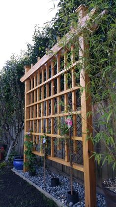 a wooden trellis next to a fence with plants growing on it and rocks in the foreground