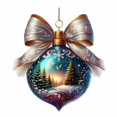 a christmas ornament with a bow hanging from it's side, decorated with trees and snowflakes