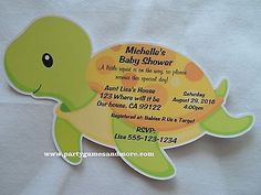 a baby shower card with an image of a turtle on it's back side