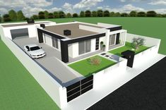 a 3d rendering of a modern house with a car parked in the driveway and grass on the roof