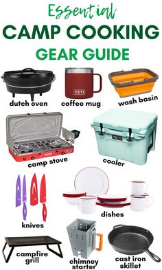 the essential camping cooking gear guide is shown in this graphic above it's description