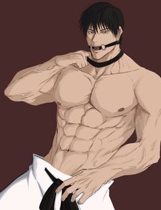 an anime character with no shirt on and tie around his neck, posing for the camera