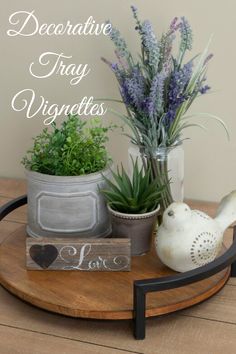 decorative tray vignettes with lavenders and potted plants