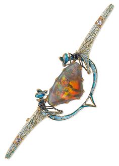 René Lalique | An Art Nouveau gold, plique-à-jour enamel, diamond, and Australian opal dragonflies brooch, French, 1903-05. Academic Art, Natural Forms, Australian Opal, South Australia, Dragonflies, Turquoise Necklace