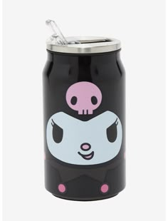 a black can with a pink skull on it