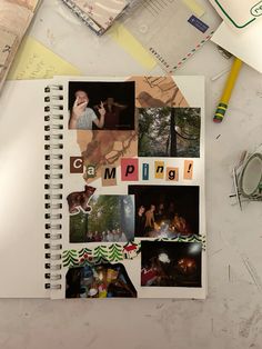 an open notebook with photos and words on it