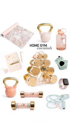 the contents of a home gym essentials kit including gold, pink and white items