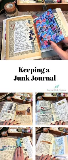 an open book with the words keeping a junk journal written on it, and pictures of people's hands