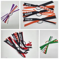 FREE SHIPPING ON ALL ORDERS OVER $35 Custom, made-to-order hair streamers for all your team or school spiritwear needs! We use a combination of grosgrain, satin and specialty ribbons (will include about 6 - 8 ribbons) in varying widths to create a unique design just for you.  Let us know if you have any preferences that we can include in the design. To order, just select your ribbon length and if you would like personalization.  Message us with your color preferences or just send us a color of your uniform or jersey and we'll design to match it! If you don't see exactly what you're looking for, just message us and we can work with you to create a design! Flat $5 shipping cost to anywhere in the continental US on orders less than $35.  Local pickup and delivery also available.  Contact for Basketball Hair, Hair Streamer, Cute Hair Bows, Basketball Hairstyles, Gymnastics Hair, Westlake Village, Hair Ribbons, Spirit Wear, Diy Hair Bows