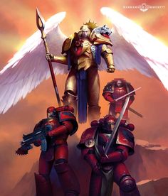 two knights standing next to each other in front of an angel