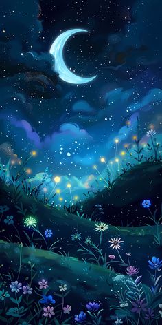 the night sky with stars, clouds and flowers